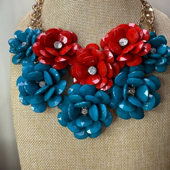 Chunky Red & Blue Floral Statement Necklace With Gold-Tone Chain And Crystal - Picture 3 of 7